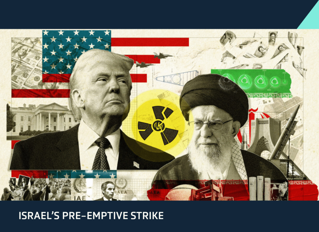 Israel pre-emptive strike graphic showing US and Iranian political leaders amid rising Middle East tensions and maritime security risks