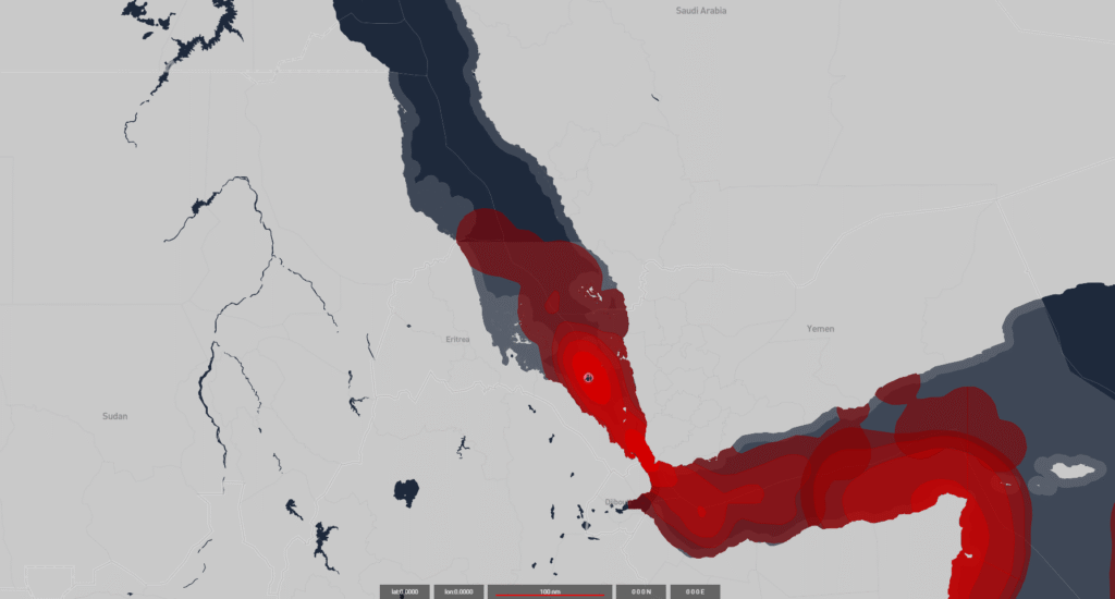 Red Sea crisis risk map highlighting maritime threat zones across the Bab al Mandeb, Gulf of Aden, and southern Red Sea shipping routes