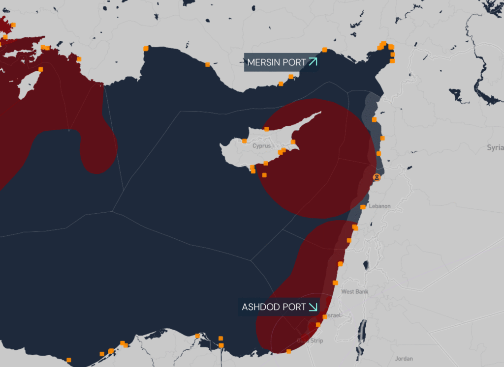 Turkey restrictions on Israel-affiliated vessels map highlighting maritime trade routes, Mersin Port, and Ashdod Port shipping risk zones