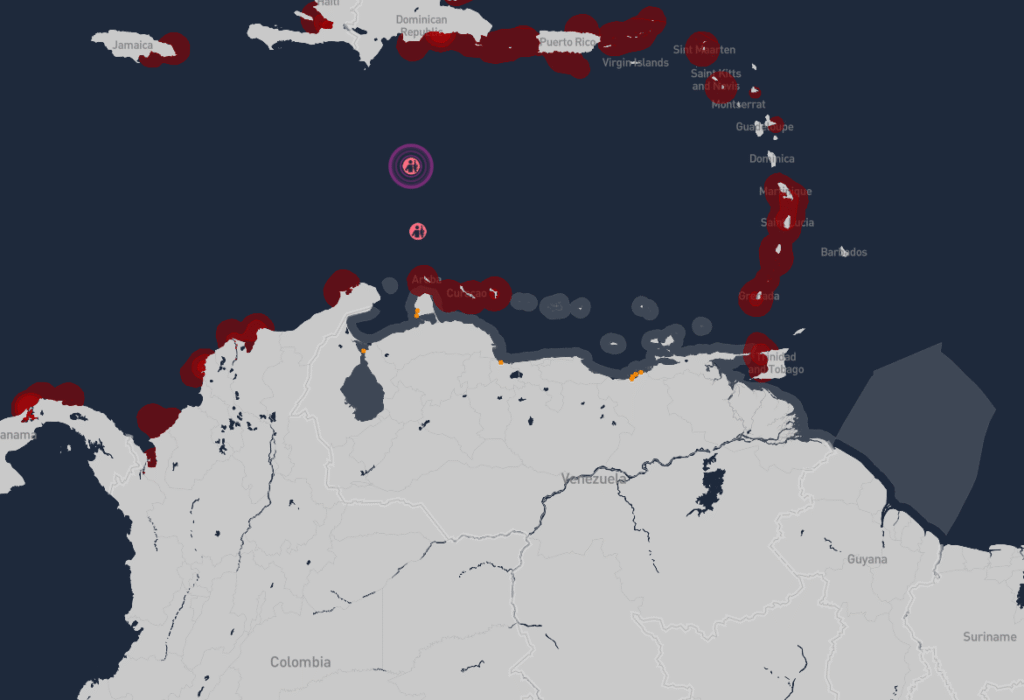 US Venezuela tensions map highlighting maritime security risks, Caribbean shipping routes, and increased US naval activity near Venezuelan waters