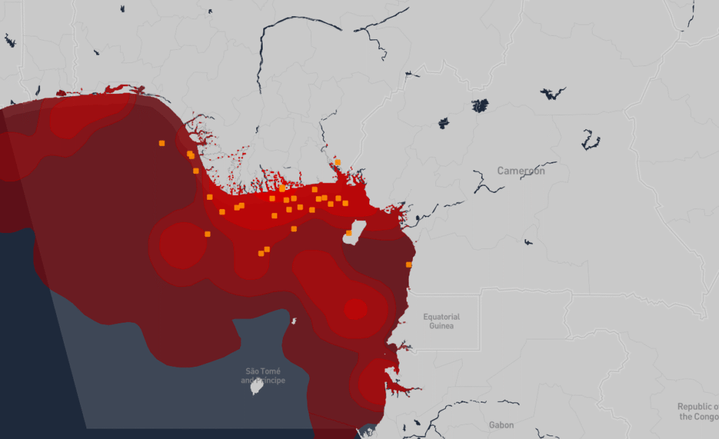 Cameroon 2025 presidential election maritime risks map highlighting Gulf of Guinea shipping routes, Douala port, and offshore security risk area