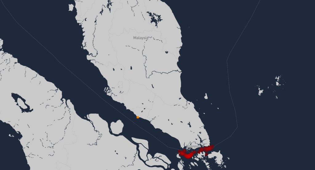 Map showing high-risk maritime enforcement zones linked to unauthorised anchoring in Malaysia near the Singapore Strait and Malaysian waters