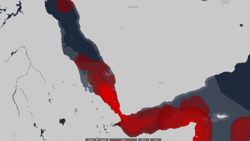 Houthi sanctions maritime risk map highlighting Red Sea and Gulf of Aden shipping threat zones for vessels linked to US oil trade
