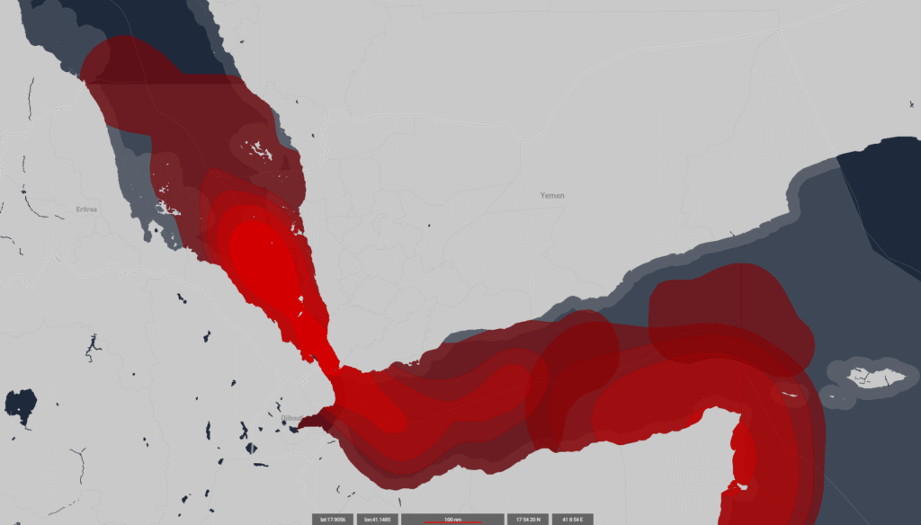 Red Sea and Gulf of Aden maritime risk map showing high-risk shipping zones linked to the Israel-Hamas ceasefire and Houthi threats