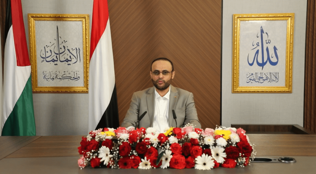 Houthi official discussing Israel-Hamas ceasefire maritime risks and Red Sea shipping security threats in Yemen