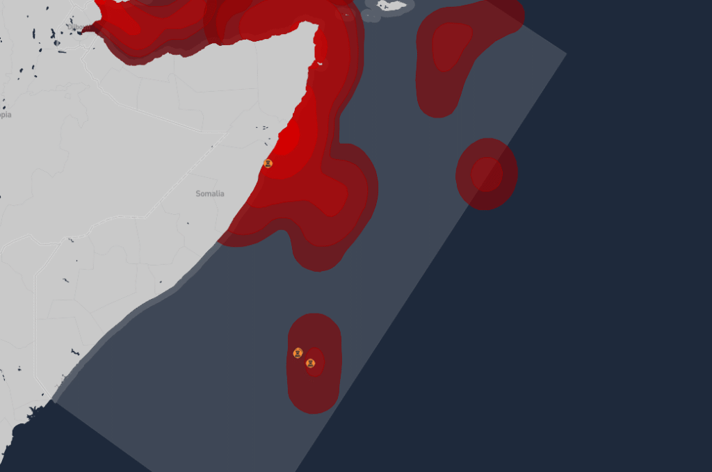 Ambrey Threat Circular map highlighting Somali pirate activity hotspots in the Indian Ocean