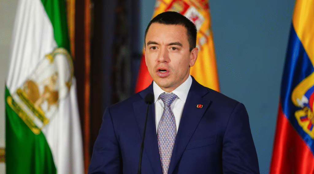 Ambrey Insight image showing Ecuadorian President Daniel Noboa addressing Ecuador maritime narcotrafficking risks