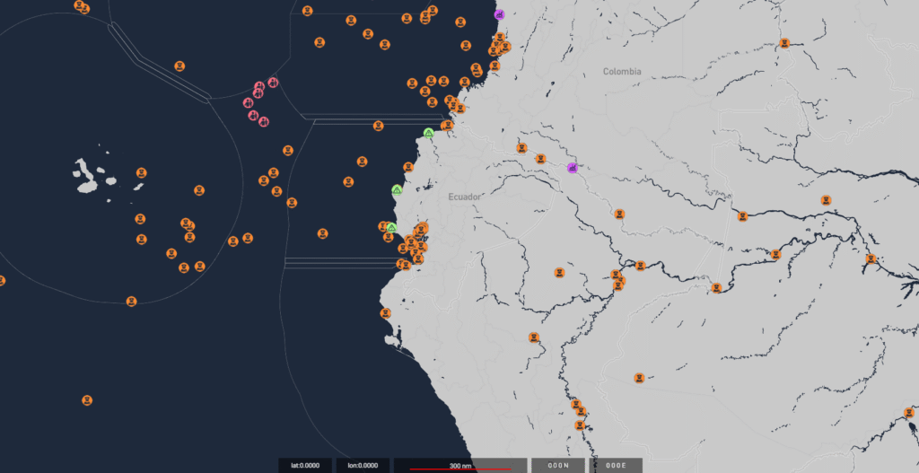 Ambrey Insight map showing Ecuador maritime narcotrafficking risks, organised crime activity, and maritime security threats across Ecuadorian ports and regional shipping routes in the Eastern Pacific and along the Colombia-Ecuador coastline