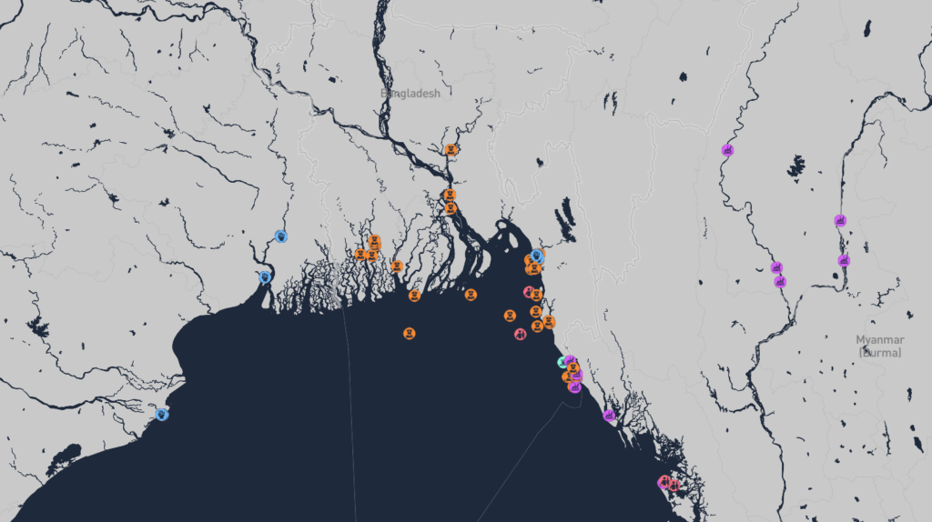 Ambrey Insight map highlighting Chattogram Port operational and security risks, maritime incidents, and commercial shipping exposure across Bangladesh coastal waters and the Bay of Bengal