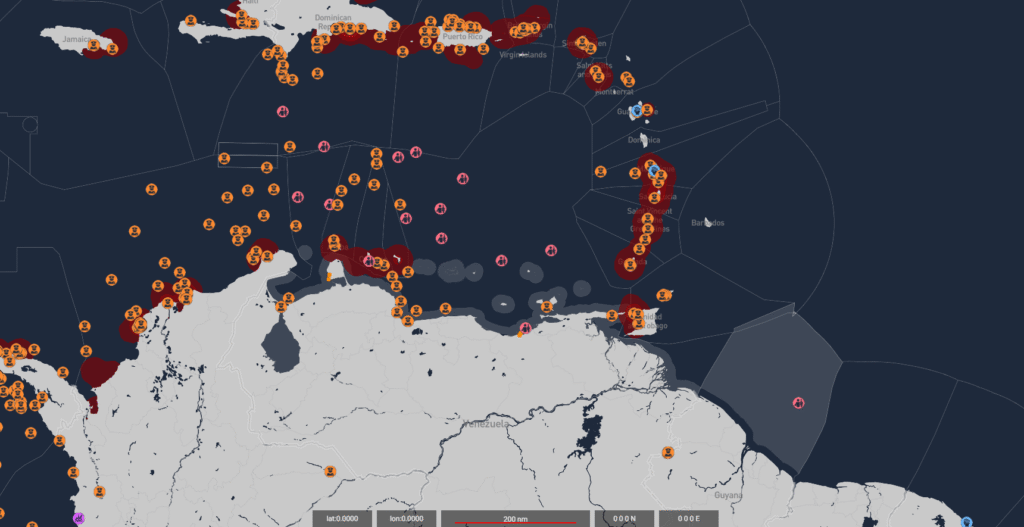 Ambrey Insight map illustrating US military build-up offshore Venezuela, regional maritime security incidents, and elevated shipping risk zones across the Caribbean Sea and surrounding trade routes