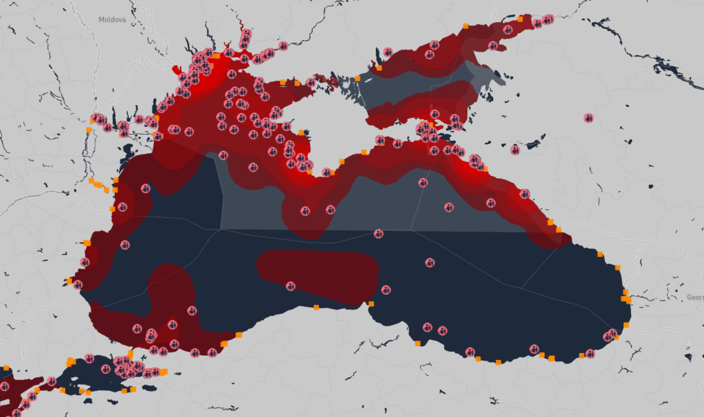 Black Sea maritime threat map showing elevated risk zones, Ukrainian and Russian strike activity, and heightened security threats to commercial shipping routes and port operations — Ambrey Threat Circular