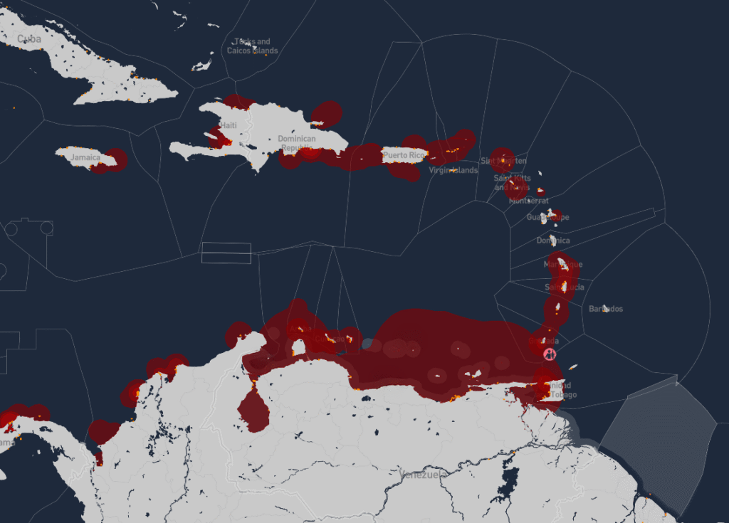 Ambrey maritime security risk map highlighting elevated threat exposure, naval activity, and tanker security risks across Venezuela and the wider Caribbean Sea region