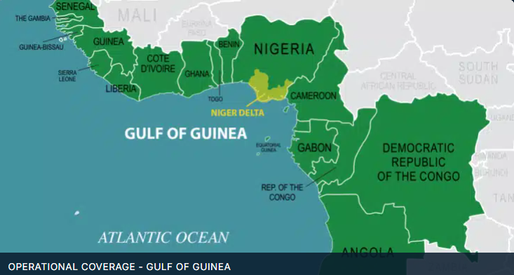 Gulf of Guinea maritime security map showing Nigeria, Cameroon and the operational coverage area across West Africa