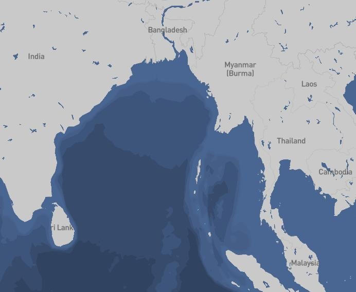 Map showing the Bay of Bengal and Andaman Sea between Bangladesh, Myanmar, Thailand and Malaysia, key areas linked to Rohingya sea crossings.