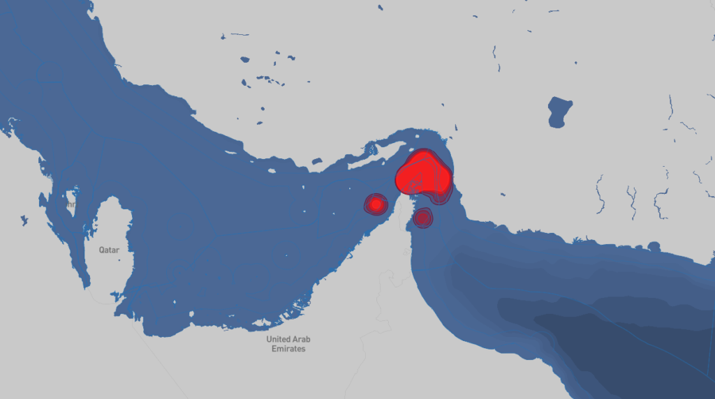 Map of the Strait of Hormuz and surrounding Gulf waters highlighting areas of maritime security incidents and elevated risk