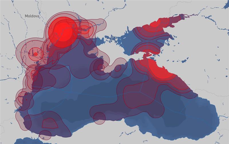 Ambrey maritime security risk map of the Black Sea showing overlapping red and purple threat zones, highlighting potential risks to merchant shipping, ports and maritime infrastructure.